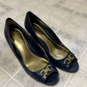 Lauren Ralph Lauren Navy Blue Peep Toe Wedge Gold Buckle Shoes Size 8.5 B